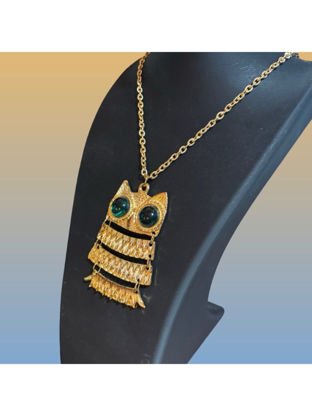 Gold Tone Green Eye Owl Pendant Necklace Long Chain Boho Hippie 1970s Statement - Picture 2 of 9